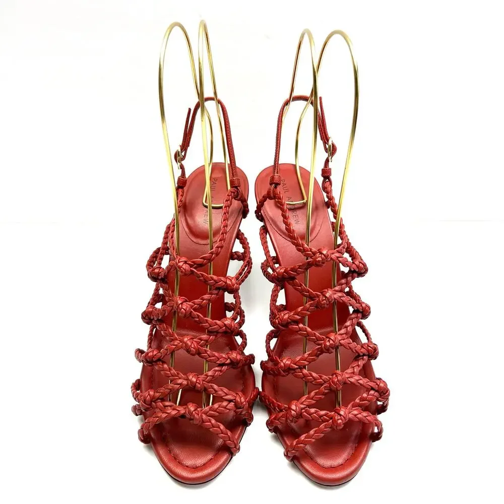 PAUL ANDREW Who's That Braided Sandals EU 38 US 8 Women's Red High Heels NWT